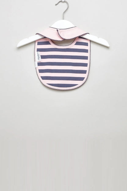 Baby bib, navy and white striped with pink scalloped trim