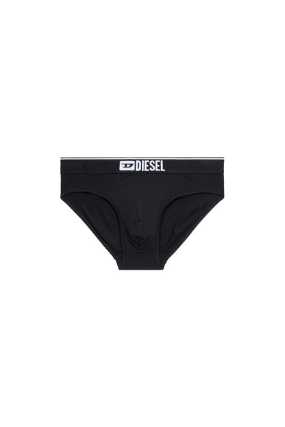 Men's black briefs, front flatlay with Diesel logo waistband