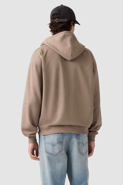 Zip-up hoodie in taupe, with hood and drawstrings, ribbed cuffs, and kangaroo pocket