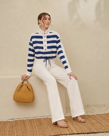 Striped blouse with high collar, front buttons, and ruched tied waist