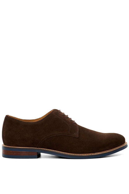 Brown suede lace-up shoe with curved topline and blue-and-orange sole stripe