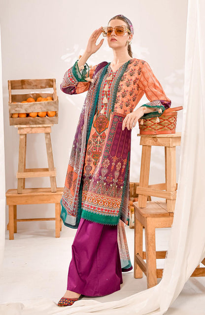 Multicolor kurta with teal trim, paired with dark purple straight pants