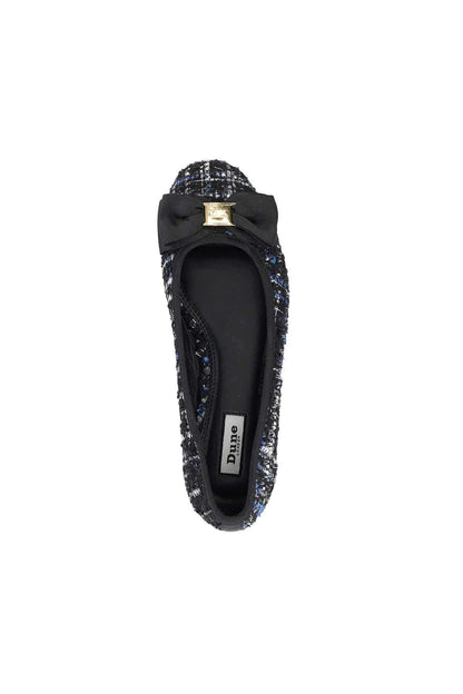 Dune London navy tweed ballerina flats with gold emblem bow, showing inner sole
