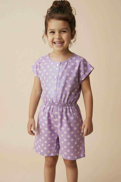 Girls purple daisy-print romper with cap sleeves, button front, elastic waist, shorts