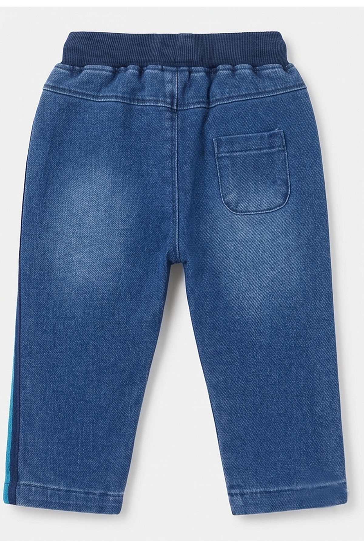 Blue denim-style baby jogger pants with side pockets and teal stripe