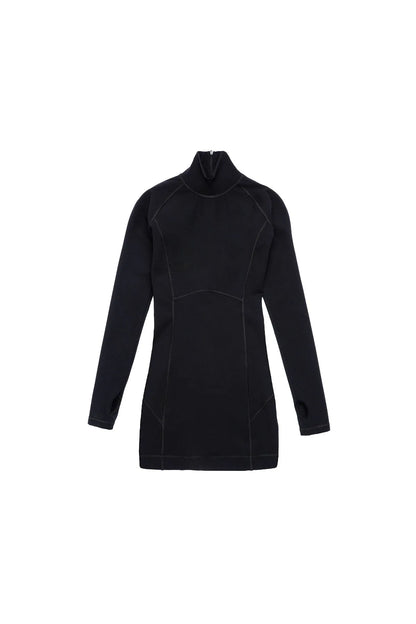 Black turtleneck mini dress, long sleeves, seam panel detail