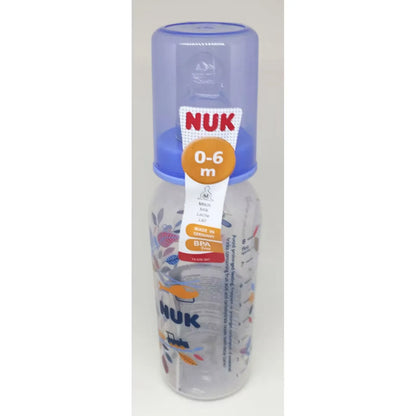 Nuk baby bottle with blue cap, 0-6 months, transparent body with animal graphics