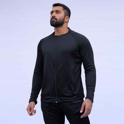 Men's black zip-up athletic jacket with long sleeves and stand collar