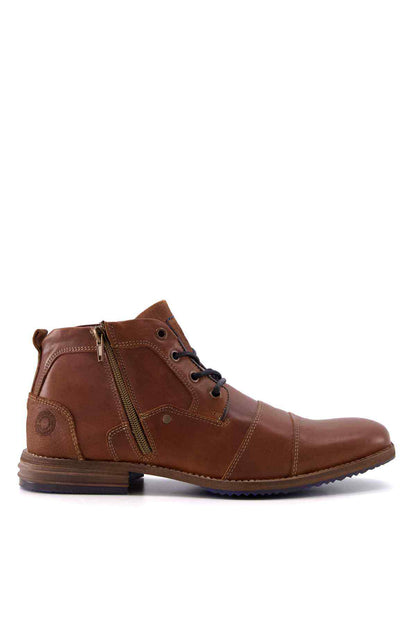 Brown leather lace-up ankle boot with stitched panel details and textured sole.