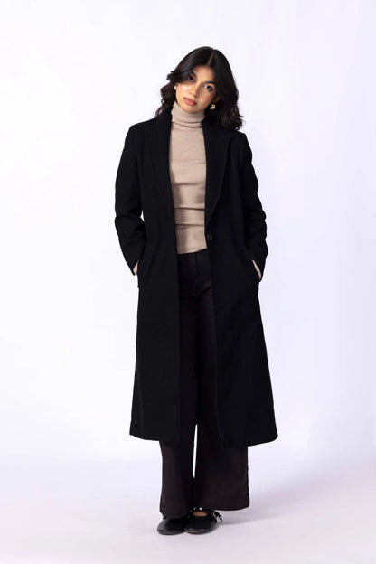 Black long coat with notched lapels, front button closure, and side pockets.