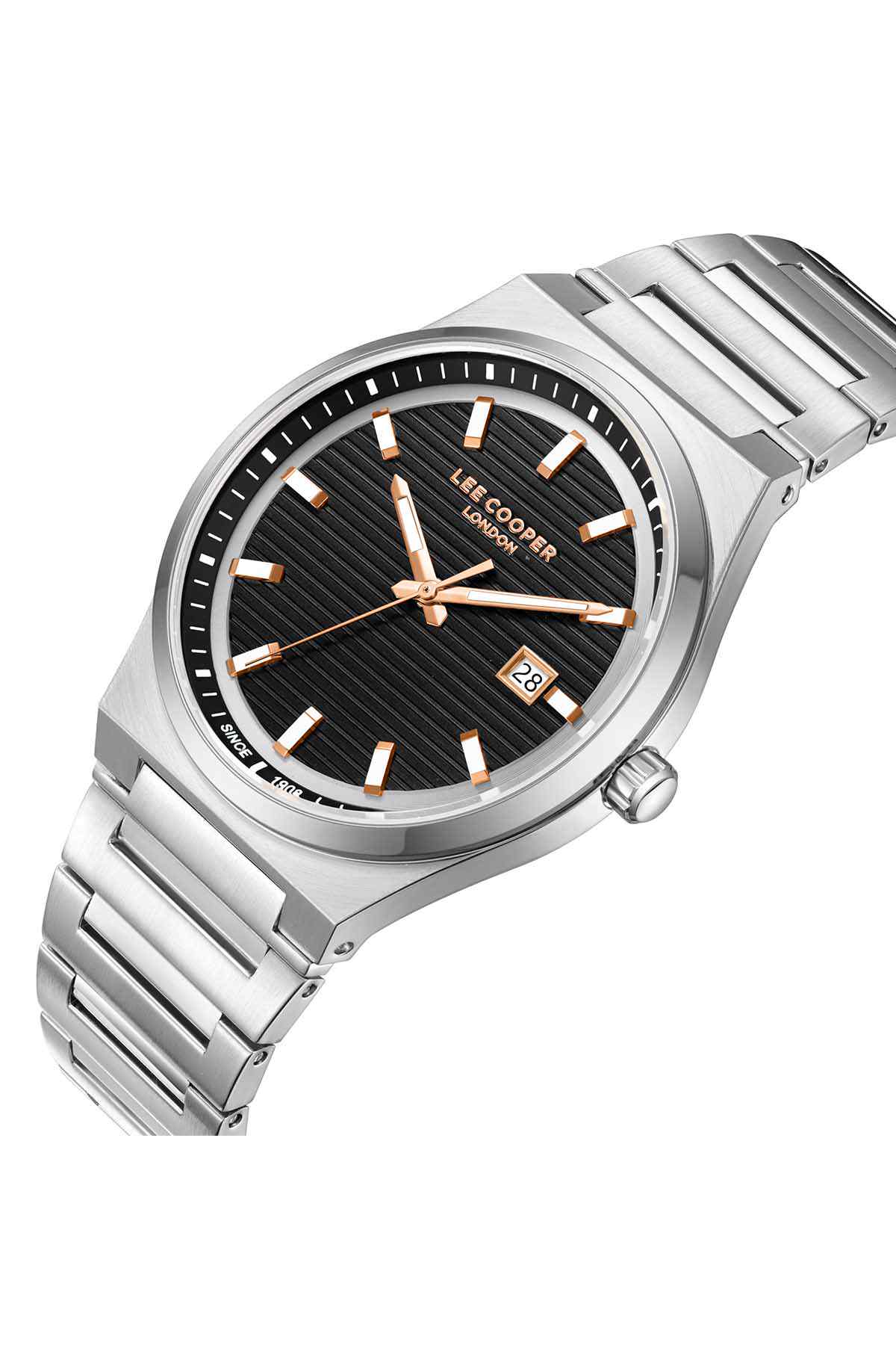 Silver metal wrist watch with black dial, gold-tone hands, and date window at 3 o'clock