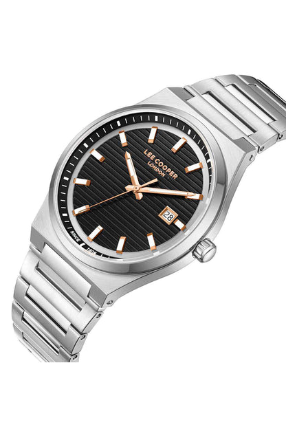Silver metal wrist watch with black dial, gold-tone hands, and date window at 3 o'clock