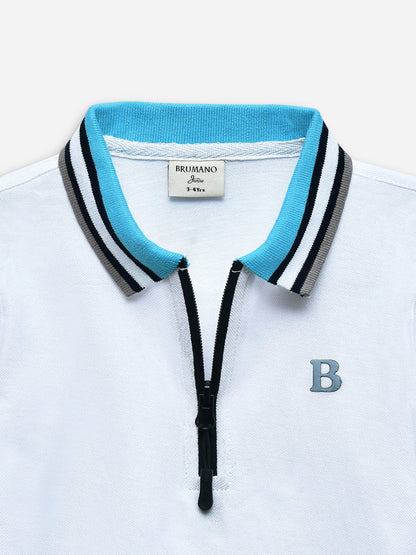 White polo close-up: turquoise inner collar, black zip placket, striped trim, B logo