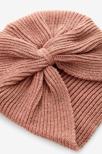 Pink rib-knit turban beanie with large front knot