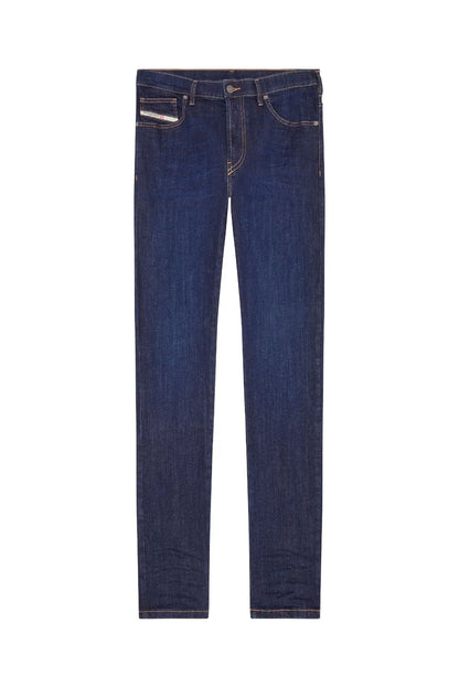 Blue denim jeans flat lay with straight legs, front pockets and button closure