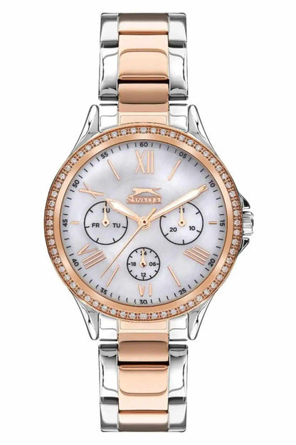 SLAZENGER wristwatch with silver strap, rose-gold bezel, white dial, roman numerals