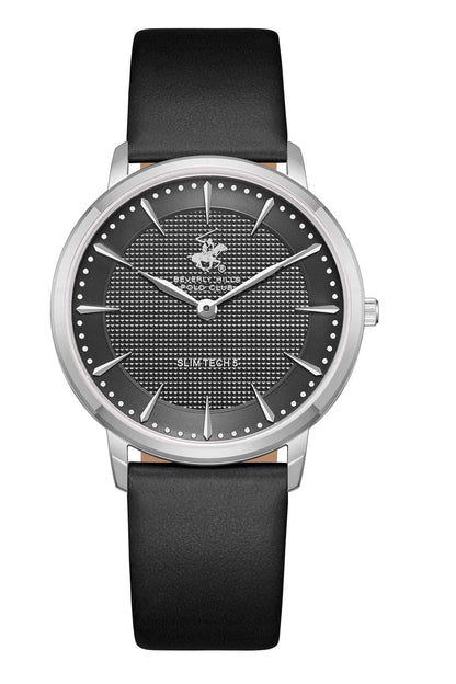 BHPC black leather strap wristwatch with round silver-tone case and dark dial