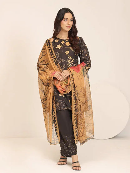 Printed kurta set with black floral top, matching trousers, and tan dupatta wrap