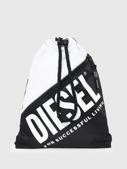 Diesel two-tone white/black drawstring backpack with bold 'DIESEL' logo