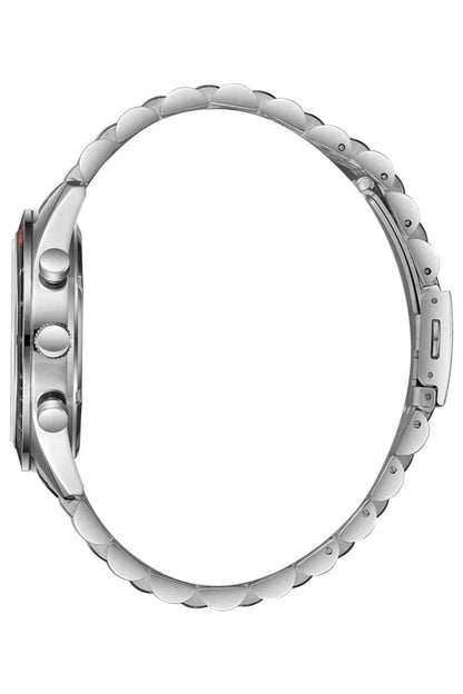 Silver metal link bracelet with curved case edge and crown on the side