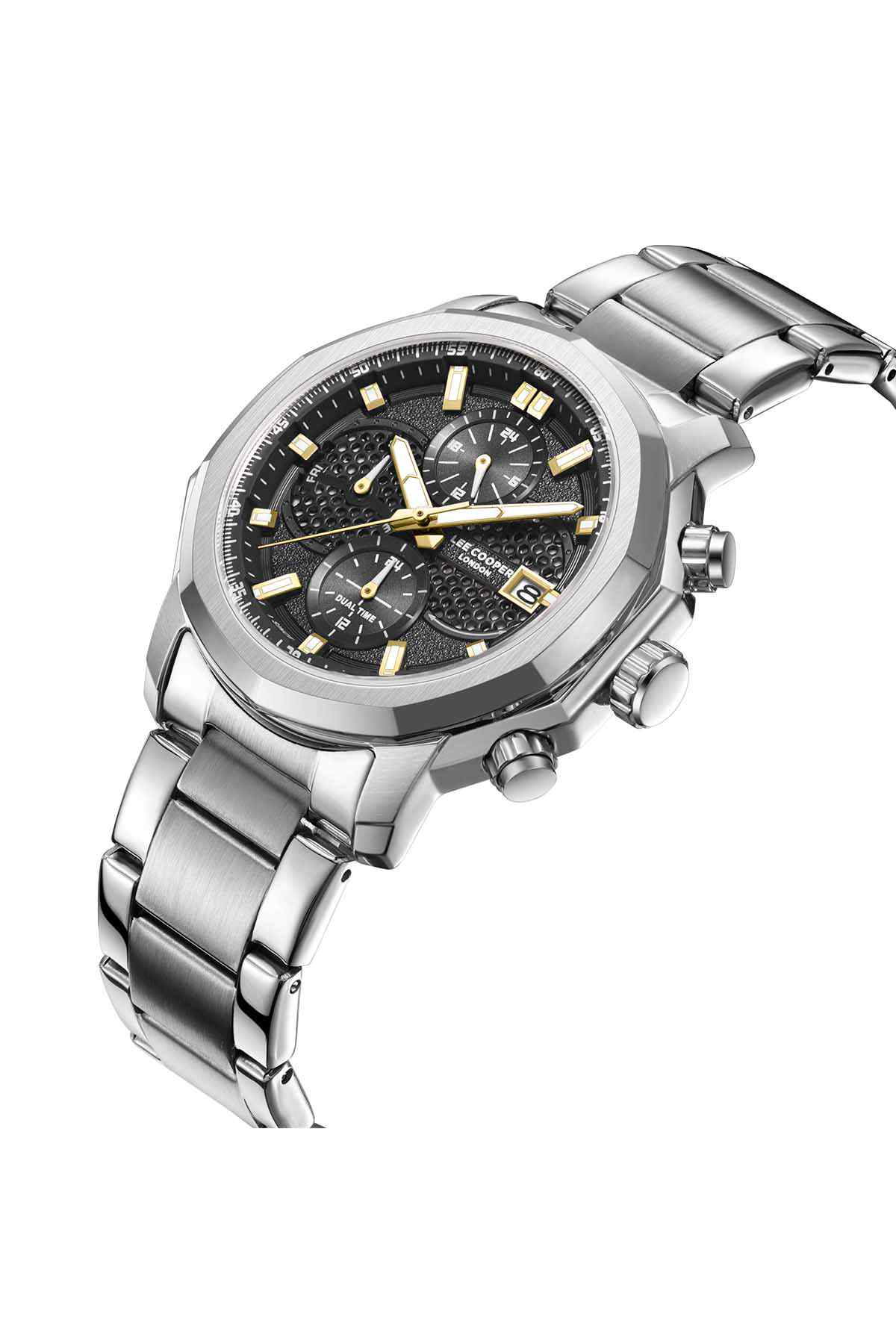 Silver analog chronograph watch with black dial, gold hands, three subdials