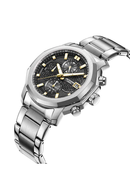 Silver analog chronograph watch with black dial, gold hands, three subdials