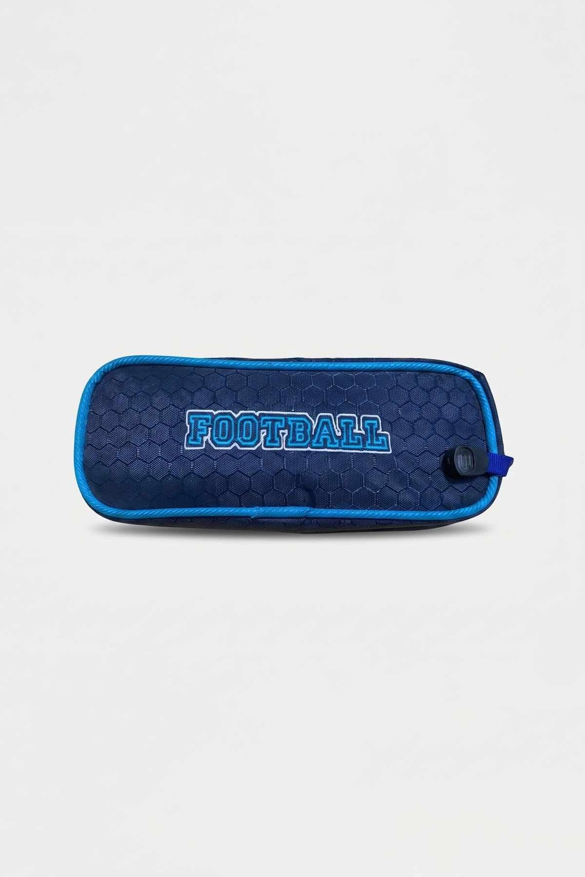 Navy football zip pencil case with turquoise border and centered 'FOOTBALL' text