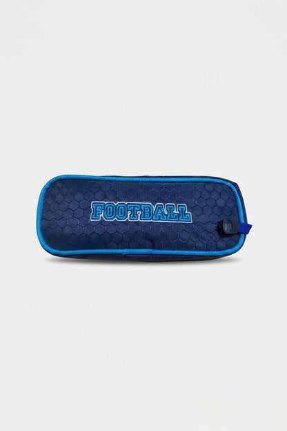 Navy football zip pencil case with turquoise border and centered 'FOOTBALL' text