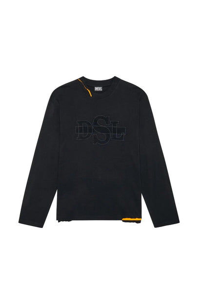 Black crewneck sweatshirt with large outlined logo and orange trim at hem