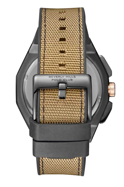 Chronograph watch back view with black buckle and camel fabric strap