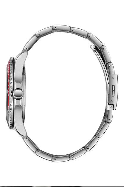 SLAZENGER silver wristwatch side view with metal link bracelet and bezel