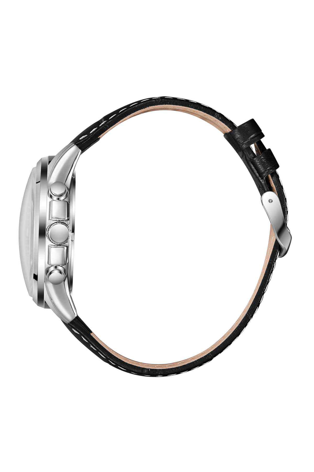 Lee Cooper wristwatch with black leather strap, stainless-steel case and crown