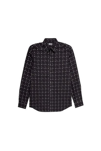Men's black Diesel patterned button-up shirt with long sleeves and point collar