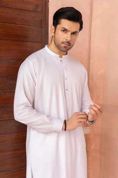 Men's white kurta with stand collar and button placket, chest view