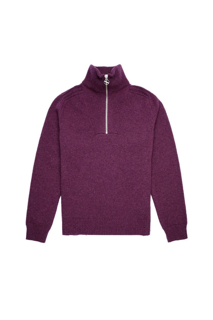 Diesel violet knit quarter-zip pullover sweater with stand collar and zip, front