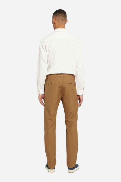 Brown chino pants back view with straight legs and back yoke