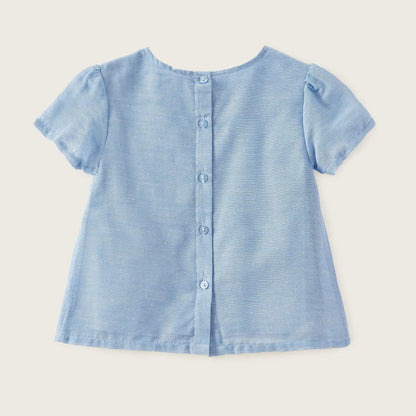 Blue baby dress with short sleeves and vertical button placket