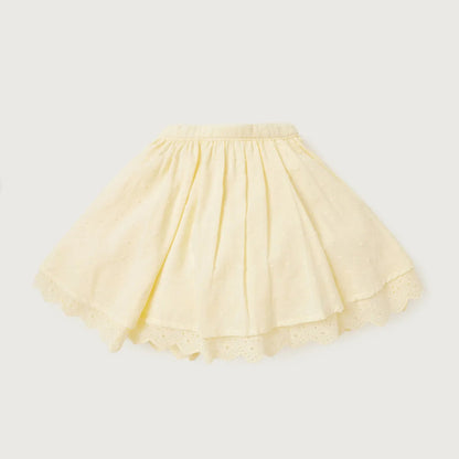 Yellow baby tiered skirt with gathered waistband and scalloped hem