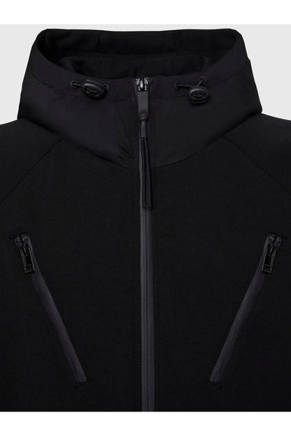 Black hooded jacket front closeup with zip and angled side zippers