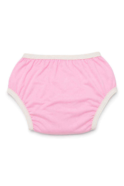 Pink baby briefs with cream waistband and leg openings