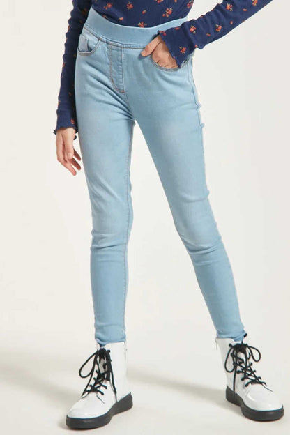 Girls light-blue denim skinny jeans with black lace-up boots