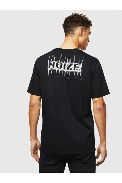 Black graphic T-shirt back view with large white NOIZE text