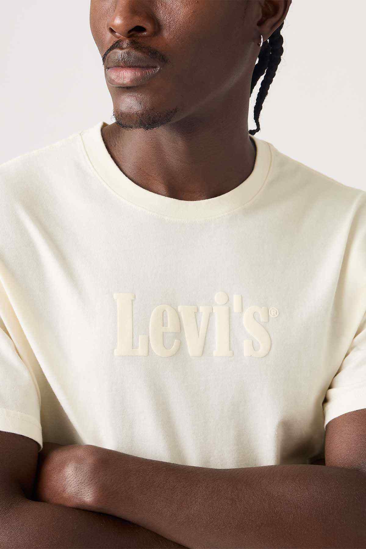 Cream short-sleeve T-shirt with tonal raised logo print on chest