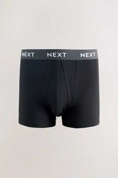 Men's boxer briefs, dark fabric, blue logo waistband, contoured front