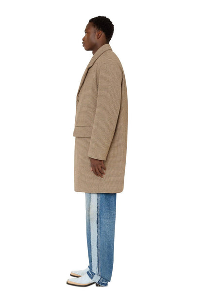 Light brown textured overcoat, side view with notch collar and button placket