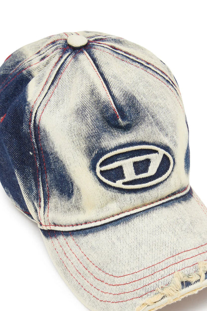 Diesel distressed denim baseball cap with front logo patch and stitched brim