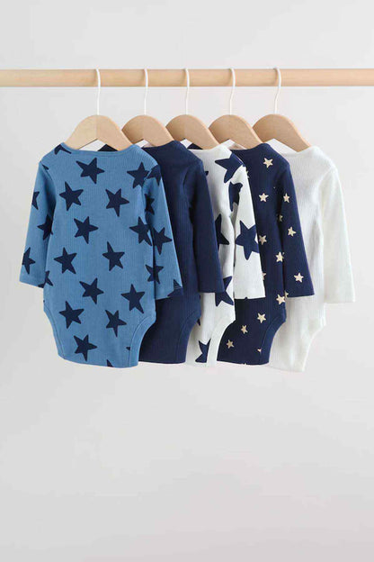 Baby long-sleeve bodysuits with star print in blue and white colors