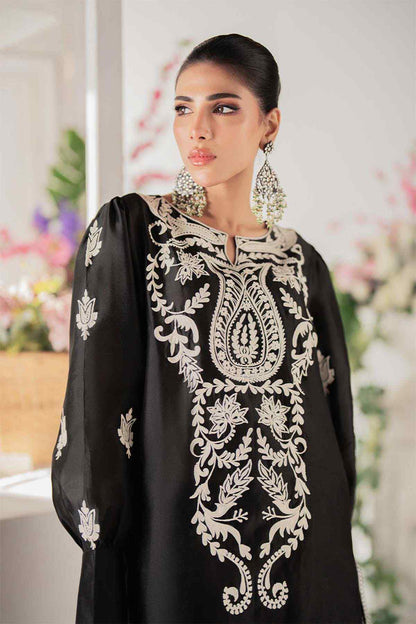 Black embroidered tunic dress with detailed neckline and floral scroll chest pattern