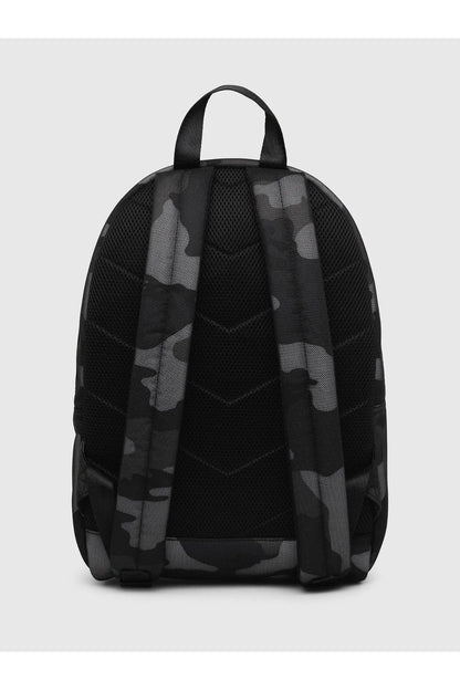 Diesel camo backpack back panel with mesh padding and webbed straps.