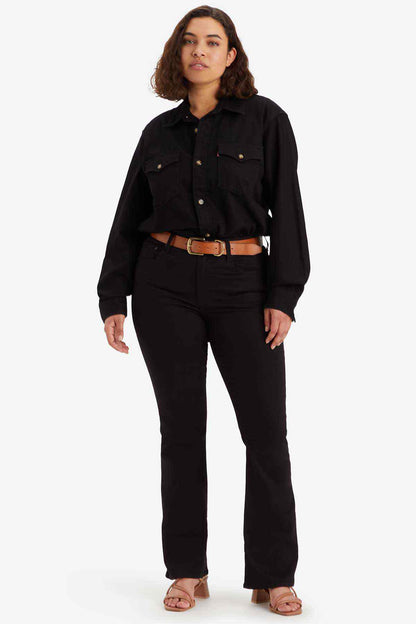 Black jeans with belt loops and front button closure